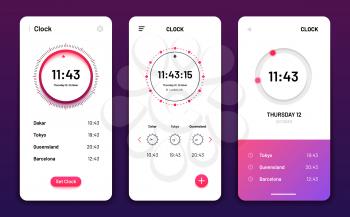Clock app. Digital clock alarm phone application. Cellphone watch widget futuristic vector user interfaces. App ui clock mobile, time and date illustration