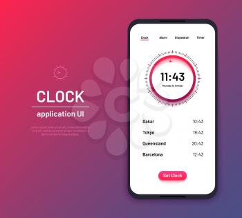 Clock ui. Time countdown interface kit. Modern clock screen phone application vector layout. Illustration of screen phone with clock app