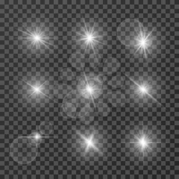 Lens effects. Camera flash light, flare. White light spot glowing sparkles, starlight isolated on transparent background vector set. Illustration of sparkle glow, flash star shine, bright lens