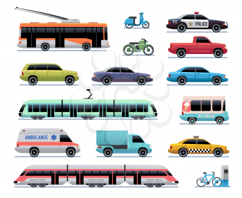 City transport. Cartoon car, bus and truck, tram. Train, trolleybus and scooter. Urban vehicle vector transportation collection. Illustration of transport bus and tram, ambulance machine