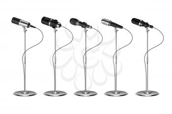 Microphones. Voice amplification audio equipment. Broadcast, concert and interview microphone on stand. Isolated vector set. Illustration of mic for speech, microphone record