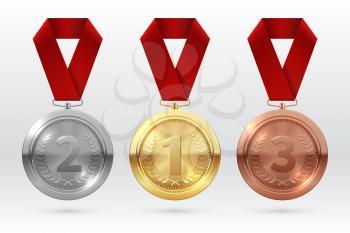 Sports medals. Golden silver bronze medal with red ribbon. Champion winner awards of honor vector isolated template. Illustration of championship trophy, champion medal of set