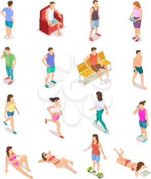 Isometric people in summer clothes. 3d human characters, teenagers in bathing suit. Isolated vector set of people on vacation, woman and man recreation outdoor illustration
