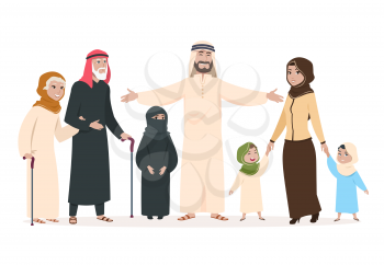 Arab family. Muslim mother and father, happy kids and elderly persons. Saudi islam cartoon vector characters. Illustration of family saudi arab, muslim father and mother with children