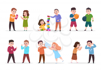 Kids behavior. Bad boys and girls confronting and bullying smaller children. Good friendly kids play together vector characters. Illustration of girl and boy play friendly together
