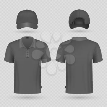 Black baseball cap and male polo t-shirt realistic vector mockup. Illustration of cap and tshirt clothes male