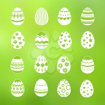 Spring decorative eggs of set vector collection isolated on green background illustration