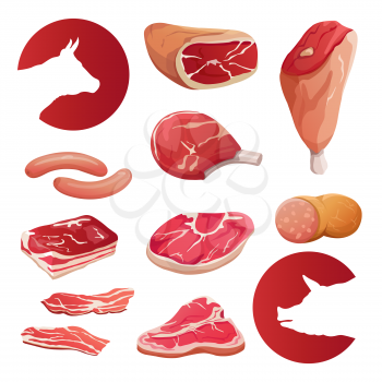 Fresh farm meat and meat product icons vector set. Illustration of food steak, meat pork and beef