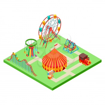 Isometric amusement park vector illustration isolated on white. Amusement isometric carousel and tent