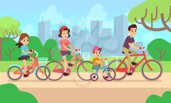 Happy children and parents riding bikes. Active family vector concept. Family on bicycle father mother with daughter and son illustration