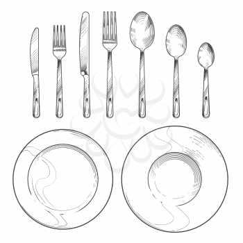 Vintage knife, fork, spoon and dishes in sketch engraving style. Hand drawing tableware isolated vector set. Knife and fork, spoon and cutlery for dinner illustration