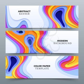 Fashion abstract advertising vector banners with 3d paper cutting curved shapes. Banner business brochure with colored paper illustration