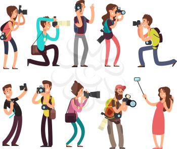 Funny professional photographer with camera taking photo in different poses vector cartoon characters set. Photographer character with camera illustration