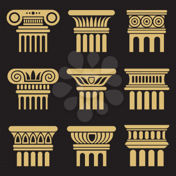 Set of golden ancient rome architecture column icons. Vector illustration