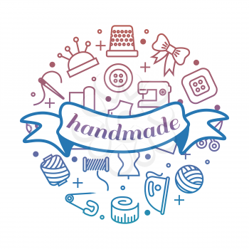 Bright handmade work round concept with line icons and banner. Handmade badge emblem banner, vector illustration