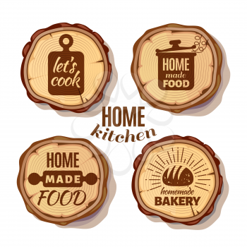 Retro kitchen cooking at home and handmade badges on saw cut tree trunks. Culinary kitchen homemade label trunk wood. Vector illustration