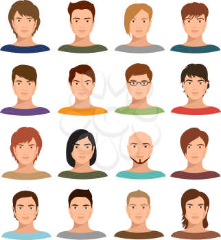 Young cartoon man portraits with various hairstyle. Male avatars vector set. Character young face male with hairstyle portrait illustration
