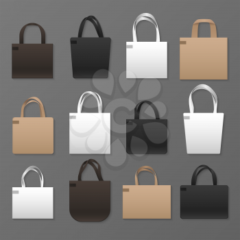 Blank white, black and brown canvas shopping bag templates. Vector handbags mockup. Eco fabric cotton template bag with handle illustration
