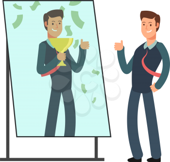 Businessman looking himself happy and successful in mirror reflection. Success in business and winner vector concept. Illustration of character businessman in reflection mirror