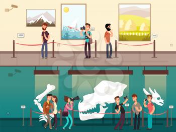 Cartoon museum gallery exhibition with painting, science exhibits and people visitors vector illustration. Museum exhibition picture and exposition culture historical