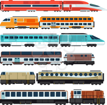 Railroad passenger trains and carriages. Flat vector railway transport set. Train transport railway, carriage travel, wagon transportation passenger illustration