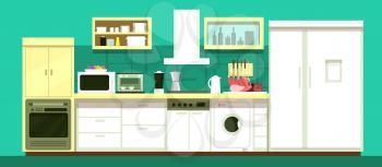 Nobody cartoon kitchen room vector interior. Illustration of kitchen interior furniture for dining