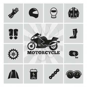 Moto parts motorcycle accessories silhouette icons set. Gear for motorbike. Vector illustration