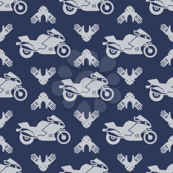 Motosport seamless pattern background with motocycle and accessories. Vector illustration