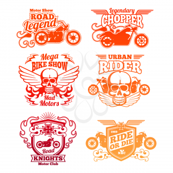 Bright motorcycle labels. Motorbike retro badges and logos isolated on white. Vector illustration