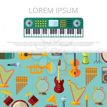 Flat colored musical instrumets banner or poster template. Vector illustration