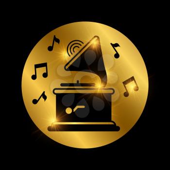 Simple black shiny gramophone and music notes on gold. Vector illustration