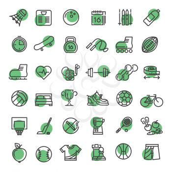 Sports and fitness outline symbols sports equipment thin line vector icons collection on white background illustration