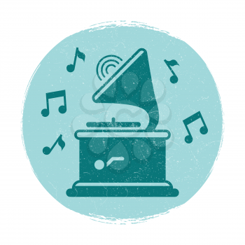 Vintage gramophone music notes emblem with grunge effect. Vector illustration