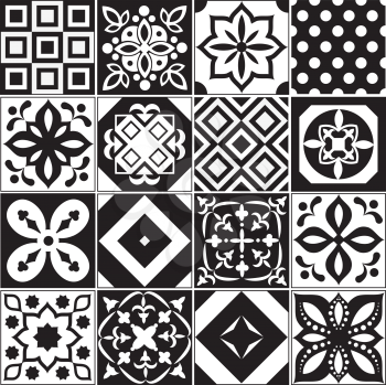 Vintage black and white traditional ceramic floor tile patterns vector collection. Ceramic pattern traditional floor background square illustration