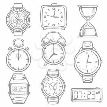 Hand drawn wristwatch, doodle sketch watches, alarm clocks and timepiece vector set. Illustration of time and watch, stopwatch sketch and digital wristwatch