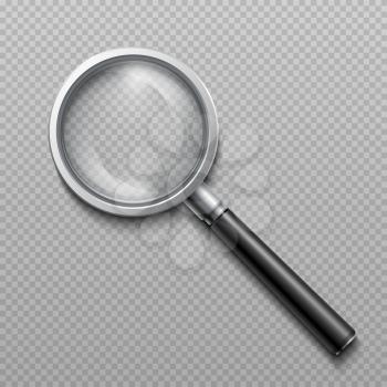 Realistic 3d magnifying glass. Vector zoom lens magnifier isolated on transparent background. Magnifying equipment instrument, magnifier loupe transparent illustration