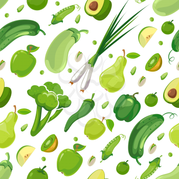 Seamless pattern with green vegetables and fruits. Vector flat illustration