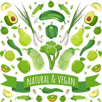 Vector illustration of green fruits and vegetables. Organic vegetarian vegetable