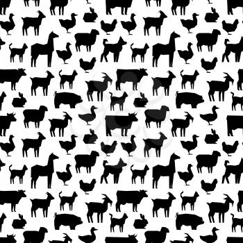 Black farm animals silhouettes pattern design. Animal black background, vector illustration