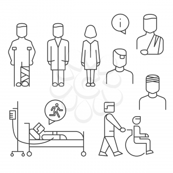 Hospital patients line icons set isolated on white. Medicine staff line style. Vector illustration