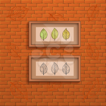 Decorative brick wall background with two interior frames with doodle leaves picture. Vector illustration