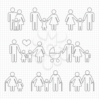 Human family line icons on notebook page design, Father and mother vector illustration