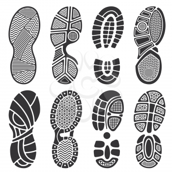Isolated footprint vector silhouettes. Dirty shoes and sneakers footprints. Black footprint and illustration of imprint track step
