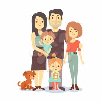 Flat family with pets isolated on white background. Family people woman and man, character dog and mother father daughter son. Vector illustration
