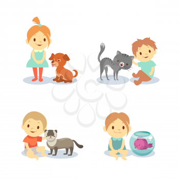 Kids and pets isolated on white background - boys and girls with animals. Dog and cat, happy child with pets. Vector illustration