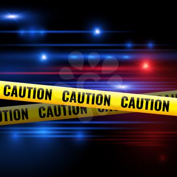 Police lights and caution tapes. Yellow caution ribbon for isolation crime scene. Vector illustration