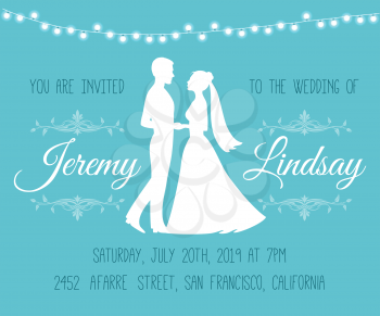 Wedding Invitation with silhouettes of the bride and groom. Wedding and love couple marriage, vector illustration