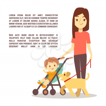 Young mother with baby carriage kid and dog - motherhood poster design. Vector illustration