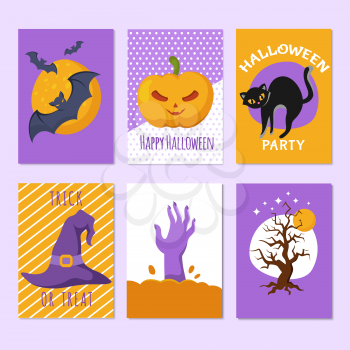 Halloween party posters and invitation cards with cartoon scary signs and characters. Horror backgrounds vector set