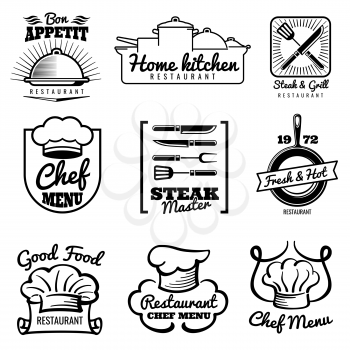 Restaurant vector vintage logo. Chef retro labels. Cooking in kitchen emblems. Label home kitchen, fresh and hot illustration